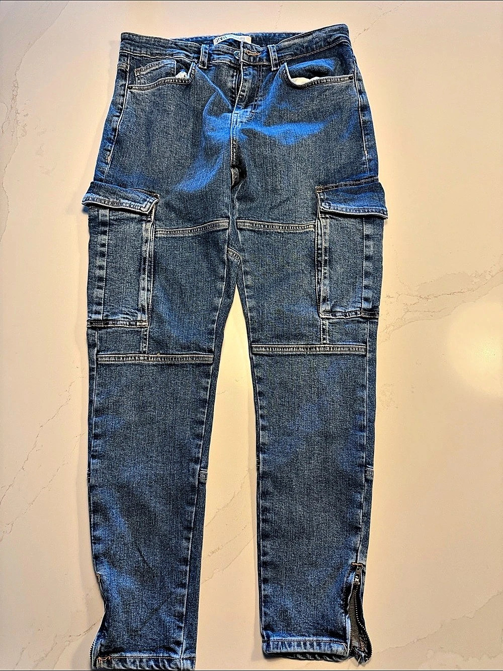 Zara Z1975 Mid-Rise Cargo Jeans with Zippers Blue Size 32